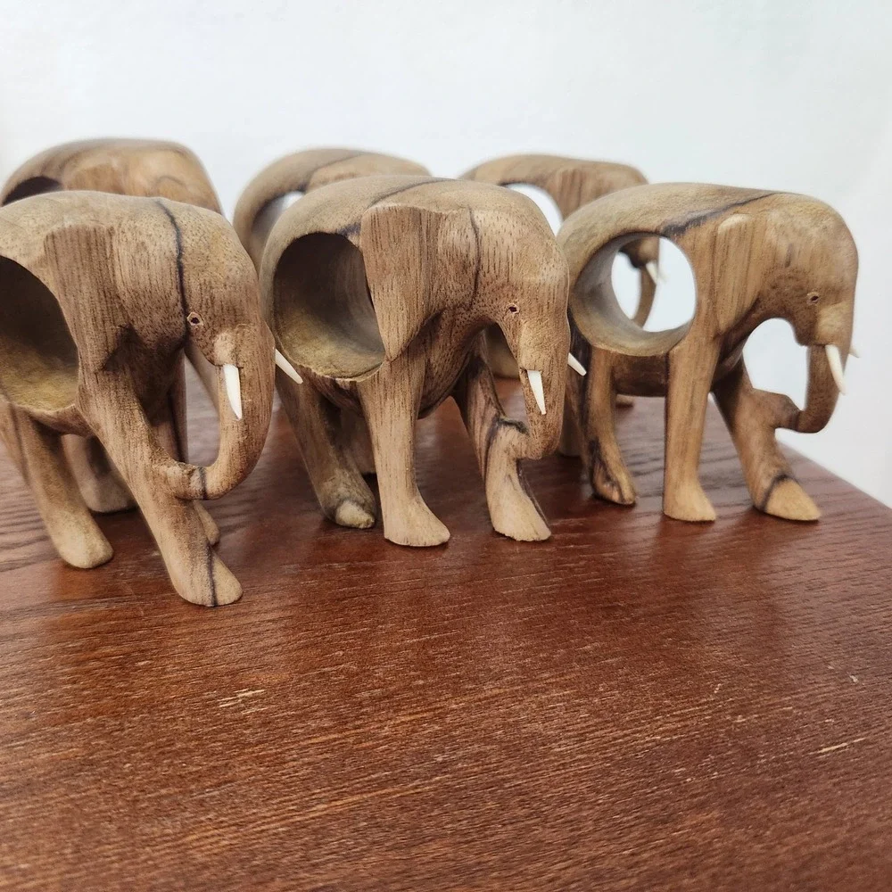 Vintage‎ standing wooden elephant napkin ring holders set of 6